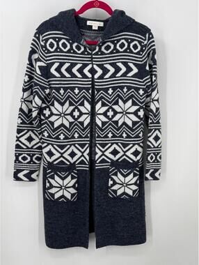 Monteau Women’s Nordic Cardigan Sweater Gray White Fair Isle Hooded Sz S